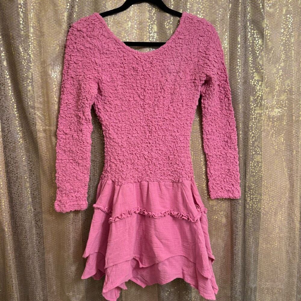 Free People What A Time Textured Long Sleeve Pink Mini Dress XS NWT